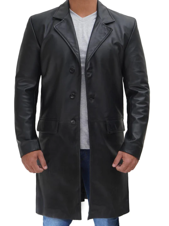 Men's 3/4 Length Bristol Black Sleek Slimfit Overcoat in Lambskin Leather Jacket