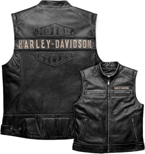 Distressed Black Harley Motorcycle Passing Link Sleeveless Cowhide Leather Vest