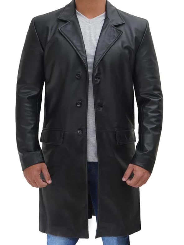 Piano Black Long Length Real Lambskin Leather Overcoat for Men - 3/4 Length Long Length Jacket