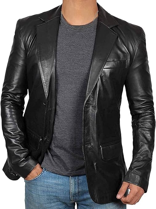 Men's Charcoal Black Two Button Straight Fit Real Lambskin Leather Black Blazer Coat