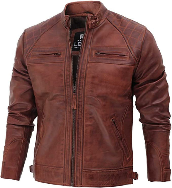 Handmade Distressed Brown Leather Jacket - Quilted Premium Quality Motorcycle Riding Zipper Jacket for Men's