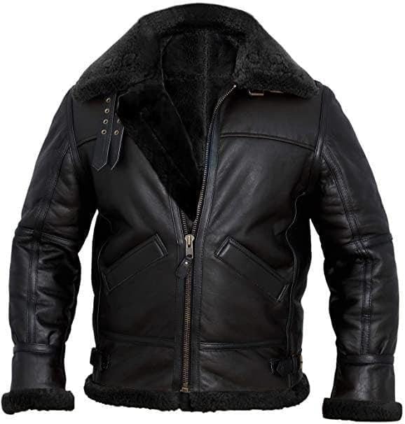 Men's WWII Aviator RAF Real Sheep Shearling Cockpit Pilot Military Black Bomber Jacket with Real Fur Lining