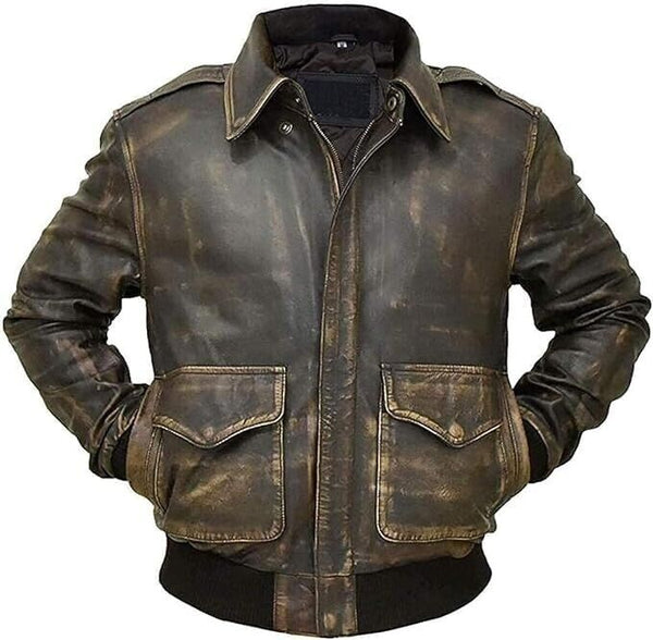 Men's Distressed Brown WWII Cockpit Pilot RAF Military A2 Leather Bomber Aviator Jacket