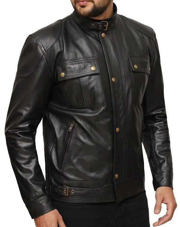 Men's Motorcycle Charcoal Black Two Pocket Premium Lambskin Leather Biker Jacket