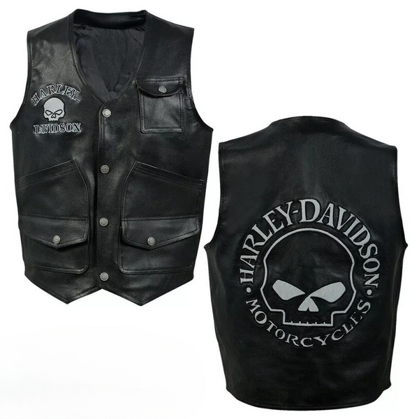 HD Reflective Skull Premium Charcoal Black Sleeveless Cowhide Leather Motorcycle Riding Vest