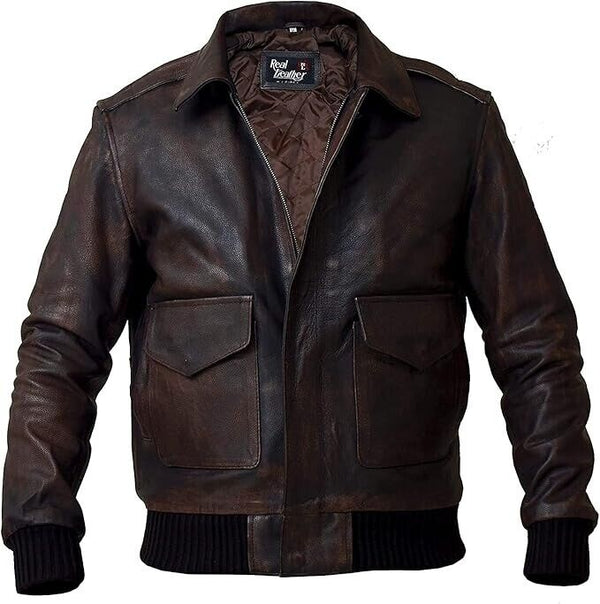 Mens WWII Antique Brown A2 Bomber Cockpit Pilot RAF Military Genuine Leather Aviator Jacket