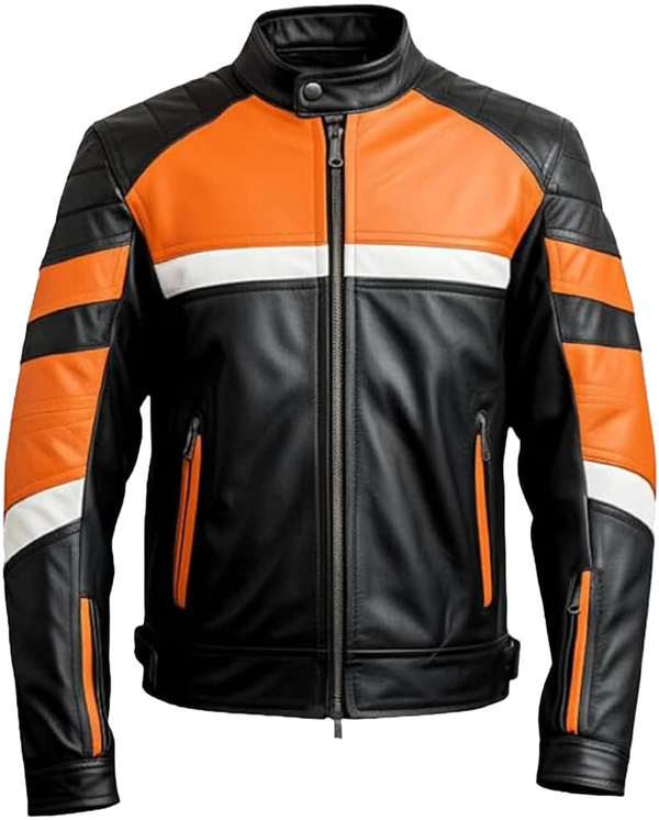 Handmade Cafe Racer Quilted Orange Black Striped Premium Motorcycle Leather Biker Riding Jacket