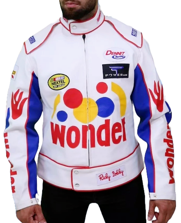 Talladega Nights White Ricky Bobby Wonder Racing Genuine Leather Cosplay Jacket