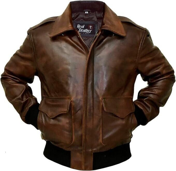 Mens WWII Cockpit Pilot Waxed Brown RAF Military A2 Bomber Aviator Genuine Leather Jacket