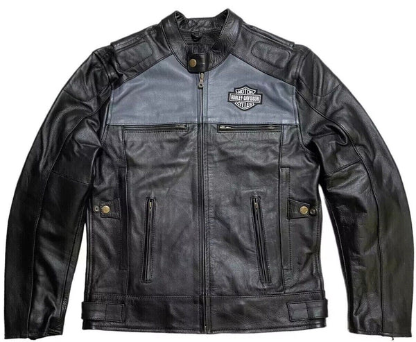 HD Votary Black Gray Dual Vents Motorcycles HD Legendary Cowhide Leather Biker Riding Jacket