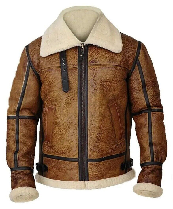 WWII B3 Sheepskin Bomber Shearling Striped Distressed Leather Aviator Fur Jacket