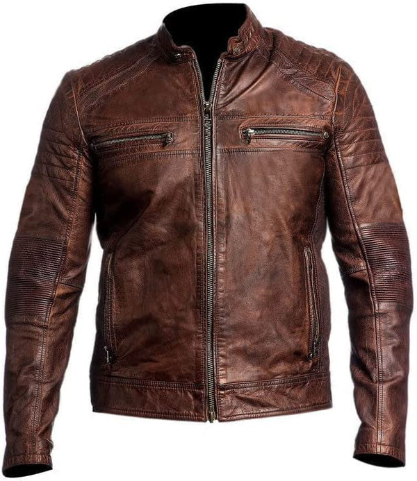 Men's Cafe Racer Distressed Brown Real Lambskin Motorcycle Leather Jacket for Men