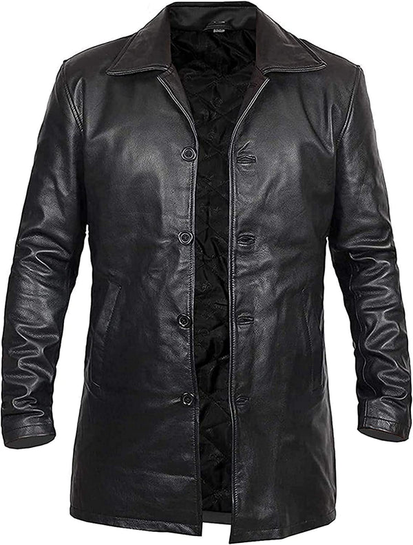 Piano Black Genuine Lambskin Leather Carcoat for Men - Casual Long Length Black Overcoat for Men